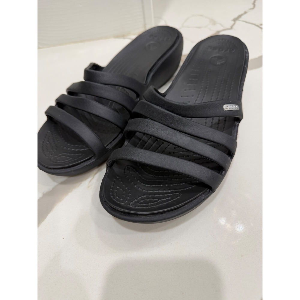 Crocs Monterey Strappy Wedge Sandals Black Minimalist Quiet Luxury Slides Womens